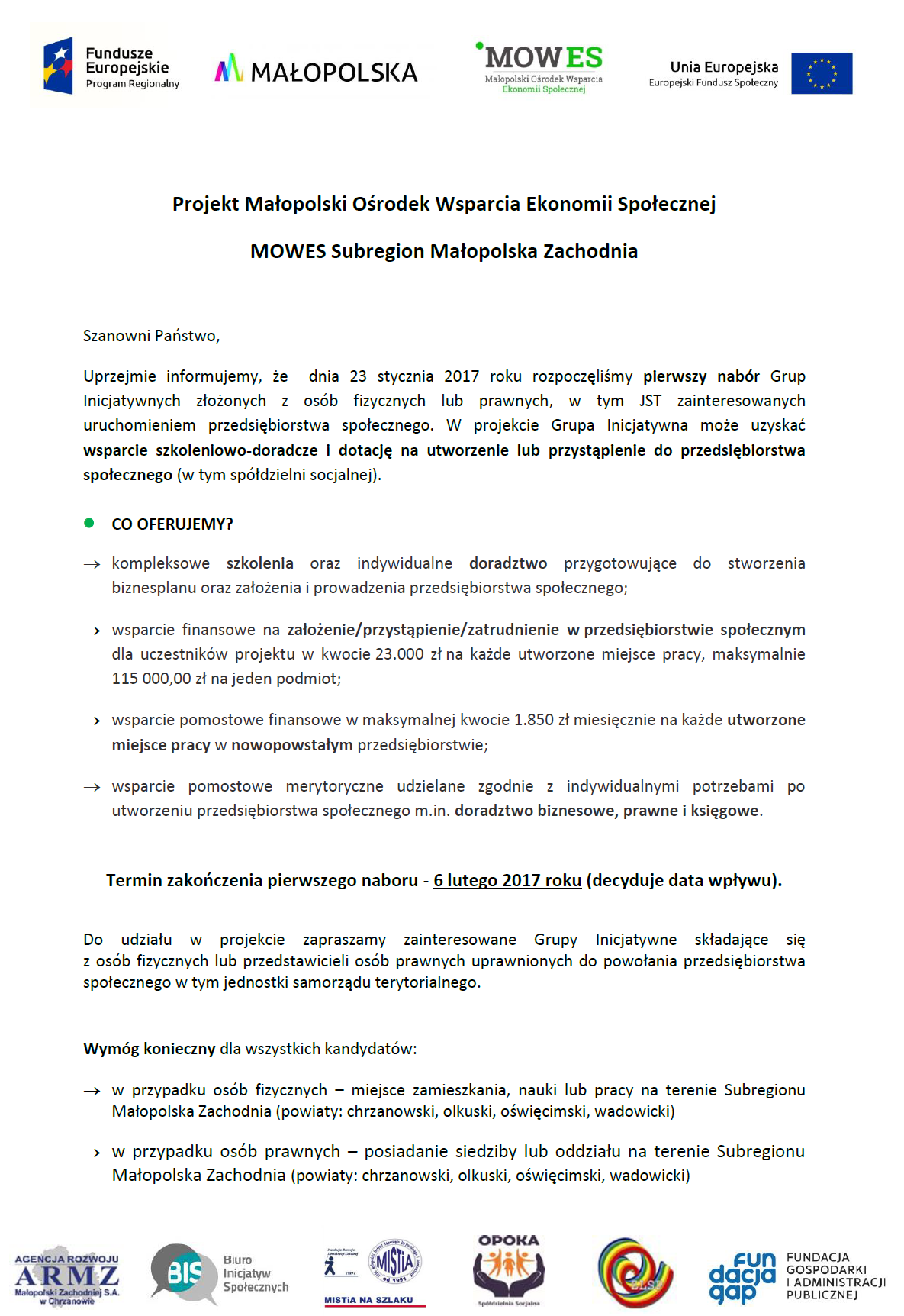 44359 - Projekt Małopolski Ośrodek Wsparcia Ekonomii Społecznej  MOWES Subregion Małopolska Zachodnia