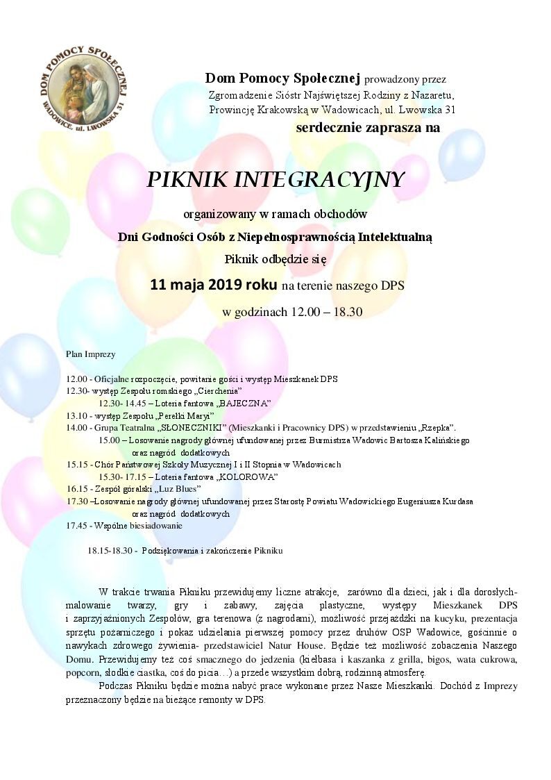 Zaproszenie na piknik 2019 - Siostry Nazaretanki zapraszają na Piknik Integracyjny