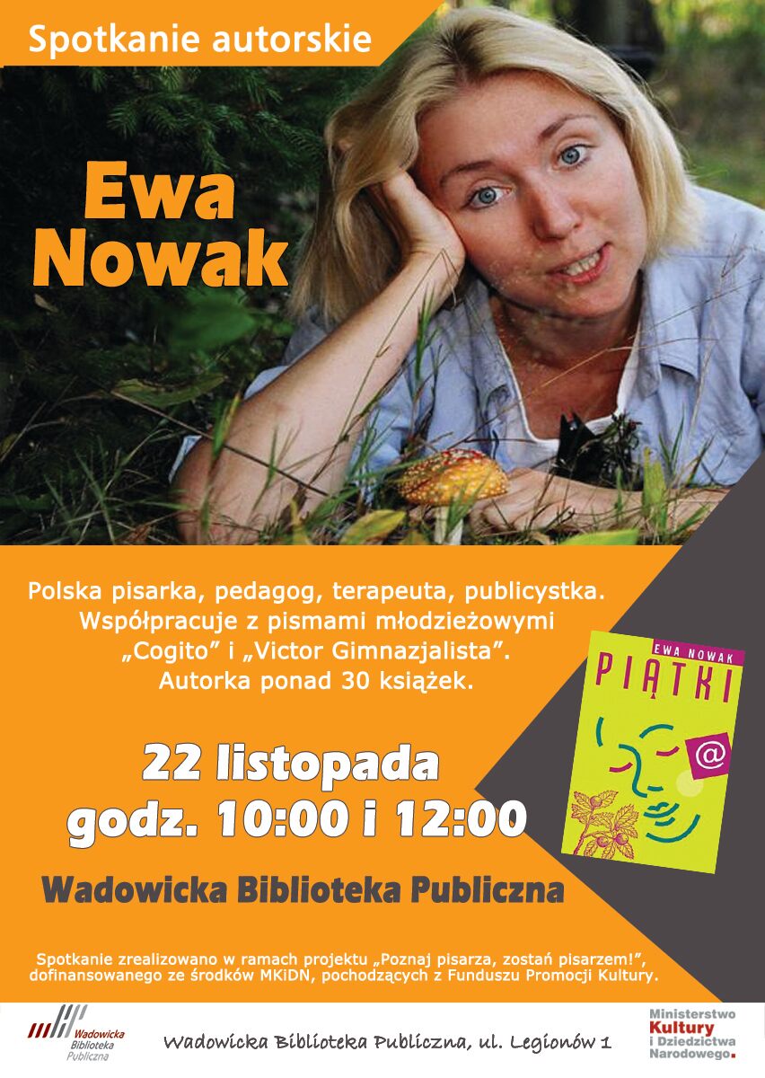 plakat ewa nowak1 - Spotkania autorskie z Ewą Nowak w Wadowickiej Bibliotece Publicznej