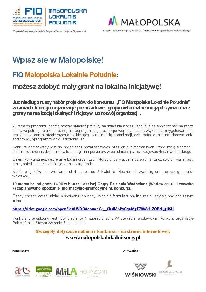 Informacja o naborze - FIO Małopolska Lokalnie Południe: możesz zdobyć mały grant na lokalną inicjatywę!