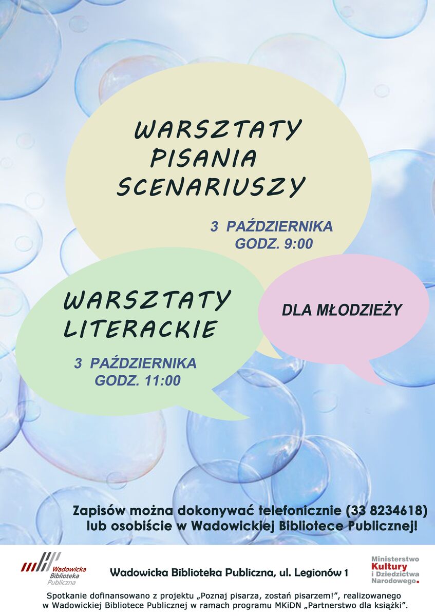 warsztaty SCENARIUSZY1 - Wadowicka Biblioteka Publiczna zaprasza na warsztaty literackie oraz warsztaty pisania scenariuszy