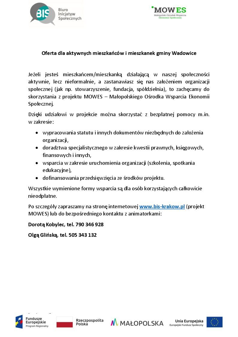 Oferta na strony JST - Oferta dla aktywnych mieszkańców i mieszkanek gminy Wadowice